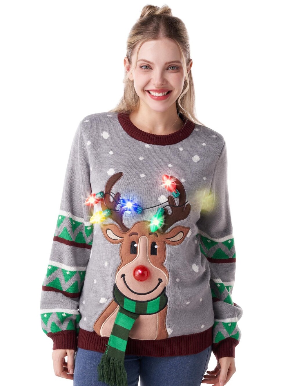 Ugly Christmas Sweater Women Men LED Light Up Reindeer Bulb Sweater, Gray, S
